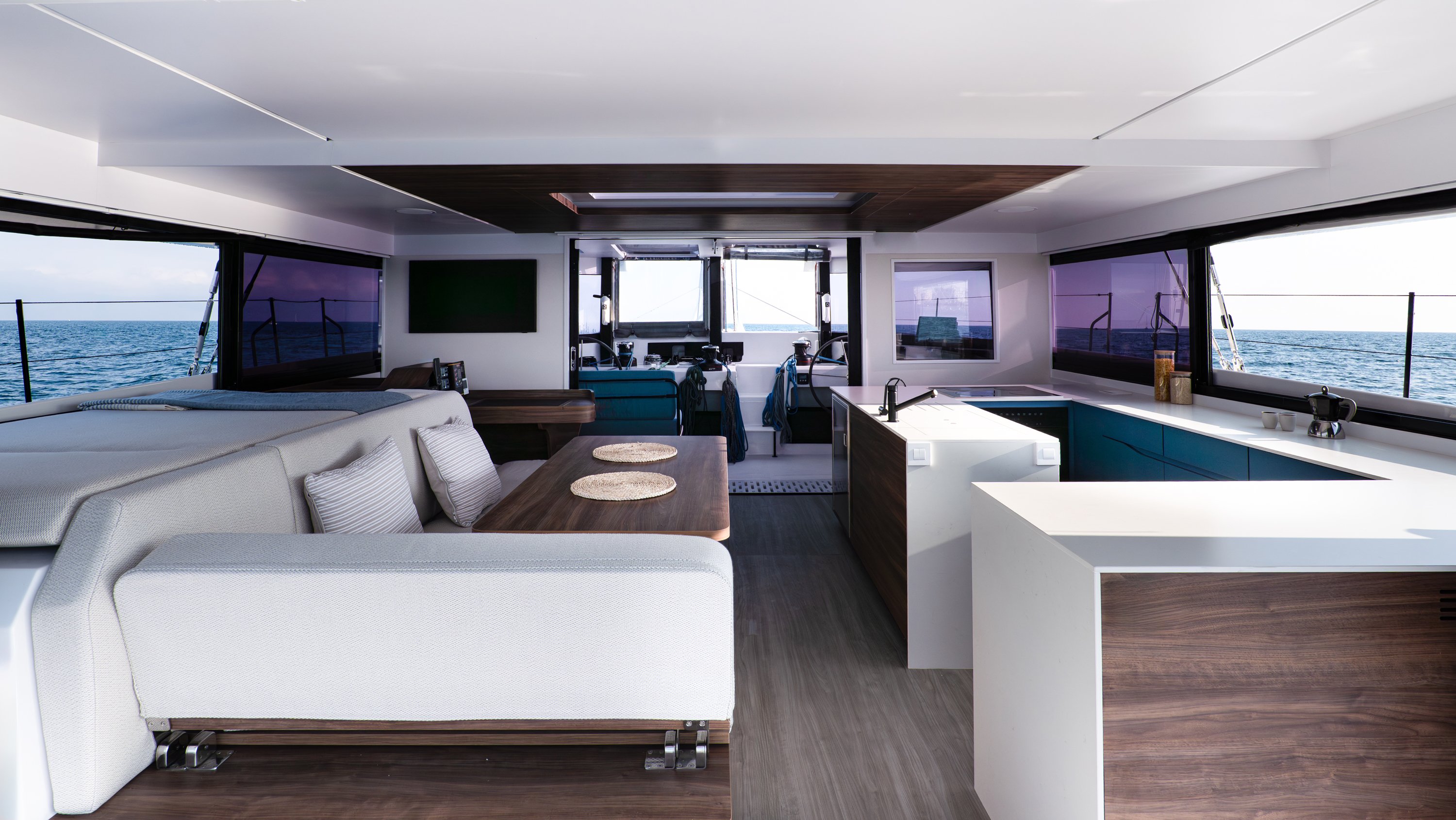 Saloon and kitchen blue wave U shaped galley